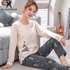Image of Autumn Winter Cotton Print Women's Pajamas Round Neck Long Sleeve Top Long Pant Pajamas Set Woman Sleepwear Girls Pyjamas Women