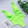 Image of Halter neon bikini deep v-neck bathing suit women monokini String sexy swimsuit one piece bodysuits High cut swimwear women 2020