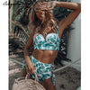 Image of High Waist Swimwear Women Swimsuit 2020 Bikini Bandage Bikinis Set Padded Bathing Suit New Leaf Print Biquini Maillot de bain