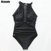 Image of Riseado New One Piece Swimsuit Halter Push Up Swimwear Women Sexy Mesh Plunging Swim Wear Ruched Summer Beachwear Bathing Suits