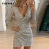 Image of VIEUNSTA Sexy Silver Glitter Dresses for Women 2019 Deep V-Neck Sequin Mini Bodycon Dress Autumn Winter Long Sleeve Party Dress