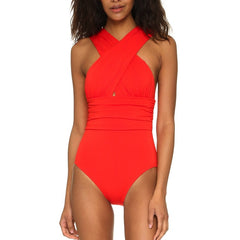 2018 Black Red Sexy Cross Halter women swimwear one piece swimsuit Black red Solid women bathing suits Beach Wear Swim