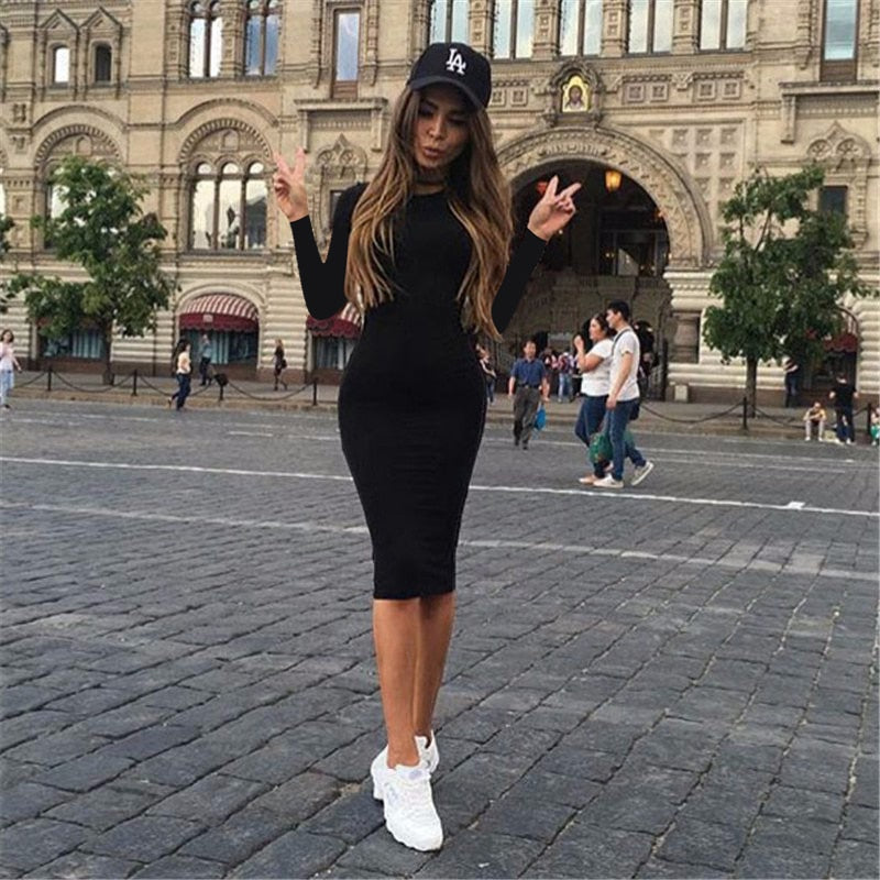 2019 Autumn Hot Slim Bodycon Dress Women Solid Color Chic Party Dresses Casual Sleep Wear Inside Wear Vestidos Pencil Dress