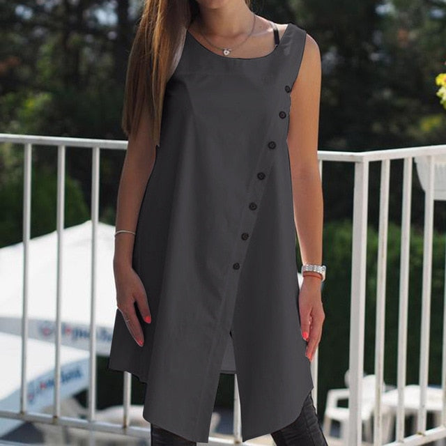 2019 Celmia Vintage Blouses Women Asymmetrical Tunic Tops Summer Sleeveless Buttons Casual Split Long Shirts Plus Size Blusas