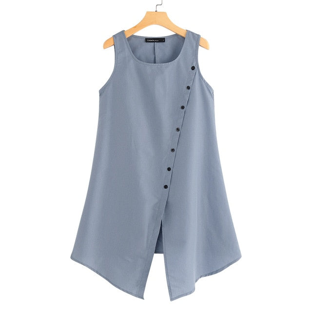 2019 Celmia Vintage Blouses Women Asymmetrical Tunic Tops Summer Sleeveless Buttons Casual Split Long Shirts Plus Size Blusas