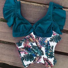 2019 New Bikini Floral Ruffled Bikini Set Women V-neck High Waist Two Piece Swimsuit Girl Beach Bathing Suit Swimwear Biquinis