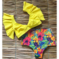 2019 New Bikini Floral Ruffled Bikini Set Women V-neck High Waist Two Piece Swimsuit Girl Beach Bathing Suit Swimwear Biquinis