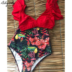 2019 New Bikini Floral Ruffled Bikini Set Women V-neck High Waist Two Piece Swimsuit Girl Beach Bathing Suit Swimwear Biquinis