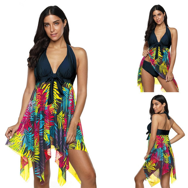 2019 New Plus Size Tankini set Women Swimwear Two Piece Print Halter Swimsuit Swimming Dress Bathing Suit S--5XL
