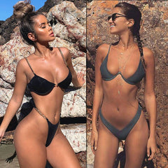 2019 New high cut thong bathing suit high waist swimsuit Solid swimwear women Brazilian Biquini swim beach micro bikini set