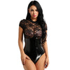 Image of 2019 One Piece Swimsuit Faux Leather Bodysuit Sexy Mock Neck Short Sleeve Swimwear Women Lingerie Skinny Hollow Top Lace Zipper