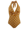Image of 2019 Sexy Bow Bandage Halter V Collar Tide Bow Polka Dot Print One piece Swimwear Women Retro Backless Slim fit Swimsuit Yellow