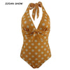 Image of 2019 Sexy Bow Bandage Halter V Collar Tide Bow Polka Dot Print One piece Swimwear Women Retro Backless Slim fit Swimsuit Yellow