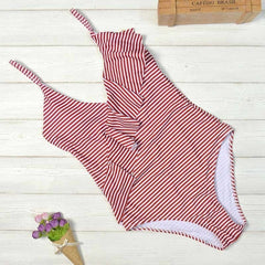 2019 Sexy Female Retro V Neck Blue Striped Swimsuit One Piece Ruffled Push Up Padded High Waist Swimwear Women Monokini