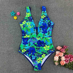 2019 Sexy Female Retro V Neck Flower print Swimsuit One Piece Push Up Padded High Waist Swimwear Women Bodysuit Bathing Monokini