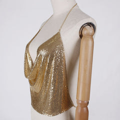 2019 Sexy Lower Cut Out Deep V Neck Metal Chain Halter Summer Camis Backless Off Shoulder Tops Ajustable Straps Tank Tops