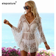 2019 Sexy Mesh Beach Cover Up Lace Beach Dress Women Bikini Swimsuit Cover-Up Long Sleeve Beach Tunics Bathing Suits Cover-Ups