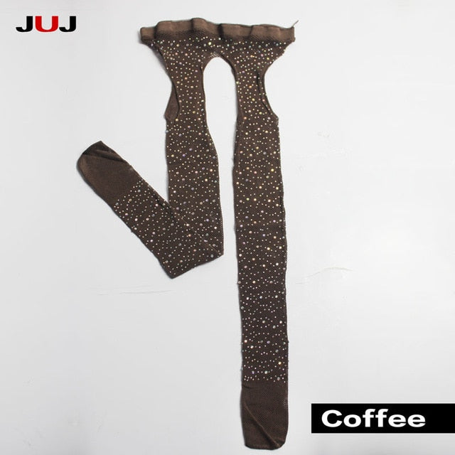 2019 Sexy Women's Glitter Fishnet Tights Open Crotch Mesh Pantyhose Shiny Rhinestone Lady Plus Size Tights Nylons Stockings