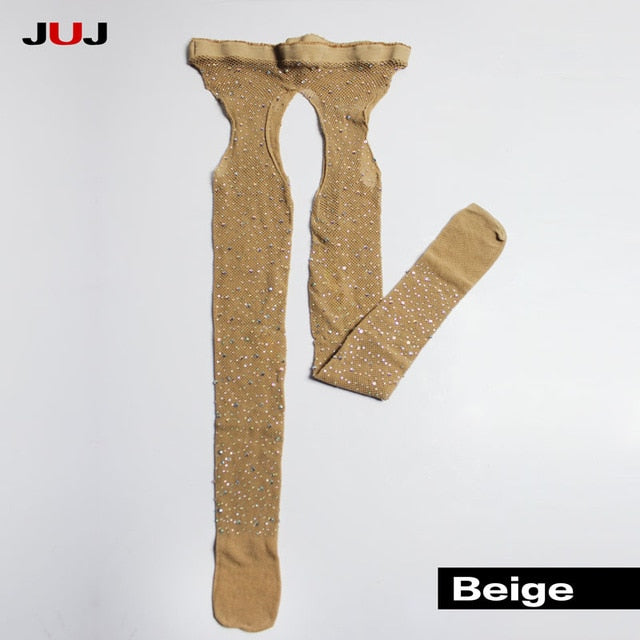 2019 Sexy Women's Glitter Fishnet Tights Open Crotch Mesh Pantyhose Shiny Rhinestone Lady Plus Size Tights Nylons Stockings