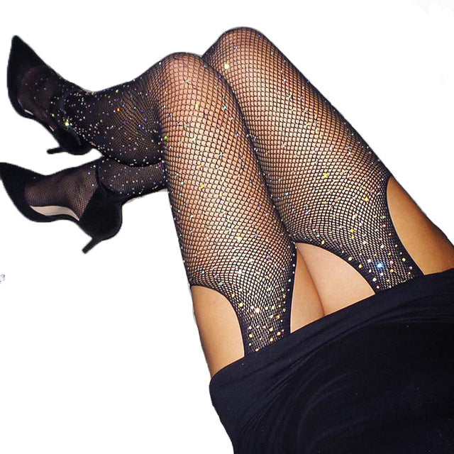 2019 Sexy Women's Glitter Fishnet Tights Open Crotch Mesh Pantyhose Shiny Rhinestone Lady Plus Size Tights Nylons Stockings