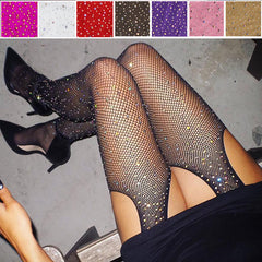 2019 Sexy Women's Glitter Fishnet Tights Open Crotch Mesh Pantyhose Shiny Rhinestone Lady Plus Size Tights Nylons Stockings