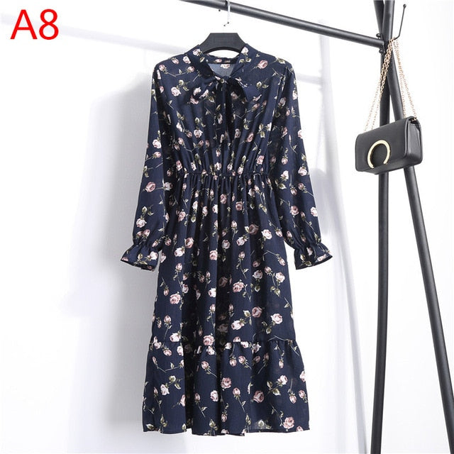 2019 Spring Women Dress For Ladies Long Sleeve Polka Dot Vintage Chiffon Shirt Dress Casual Black Red Floral Autumn Midi Dress