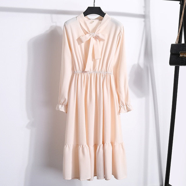 2019 Spring Women Dress For Ladies Long Sleeve Polka Dot Vintage Chiffon Shirt Dress Casual Black Red Floral Autumn Midi Dress