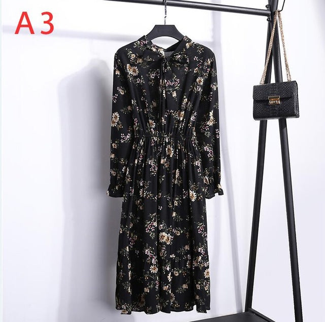 2019 Spring Women Dress For Ladies Long Sleeve Polka Dot Vintage Chiffon Shirt Dress Casual Black Red Floral Autumn Midi Dress