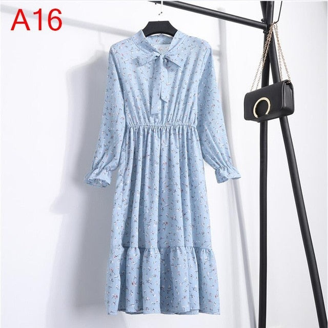 2019 Spring Women Dress For Ladies Long Sleeve Polka Dot Vintage Chiffon Shirt Dress Casual Black Red Floral Autumn Midi Dress
