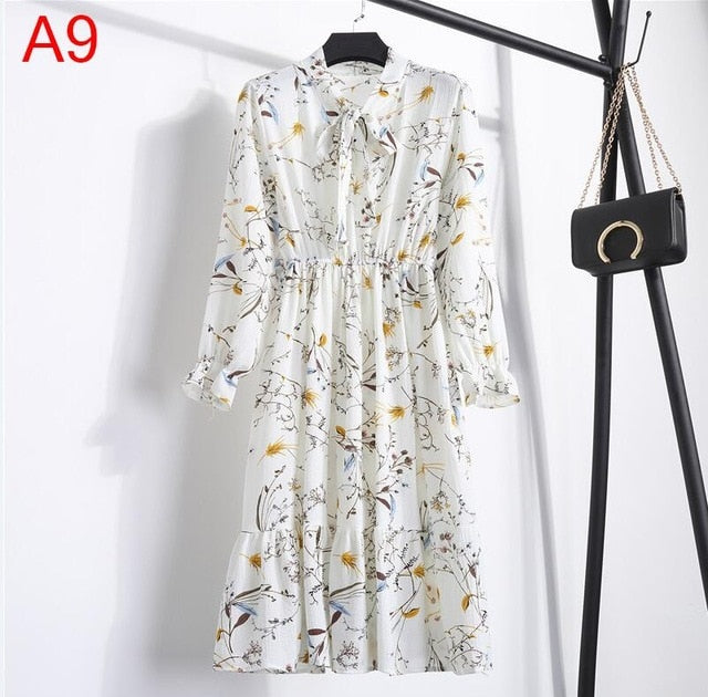2019 Spring Women Dress For Ladies Long Sleeve Polka Dot Vintage Chiffon Shirt Dress Casual Black Red Floral Autumn Midi Dress