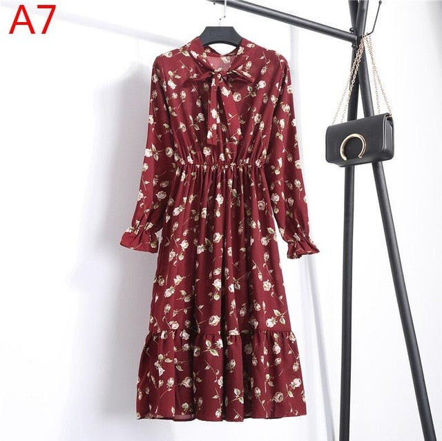 2019 Spring Women Dress For Ladies Long Sleeve Polka Dot Vintage Chiffon Shirt Dress Casual Black Red Floral Autumn Midi Dress