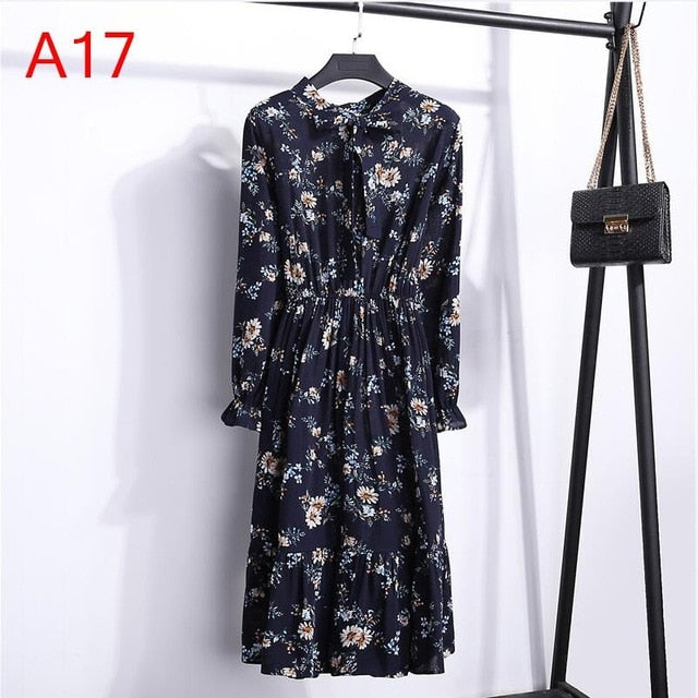 2019 Spring Women Dress For Ladies Long Sleeve Polka Dot Vintage Chiffon Shirt Dress Casual Black Red Floral Autumn Midi Dress