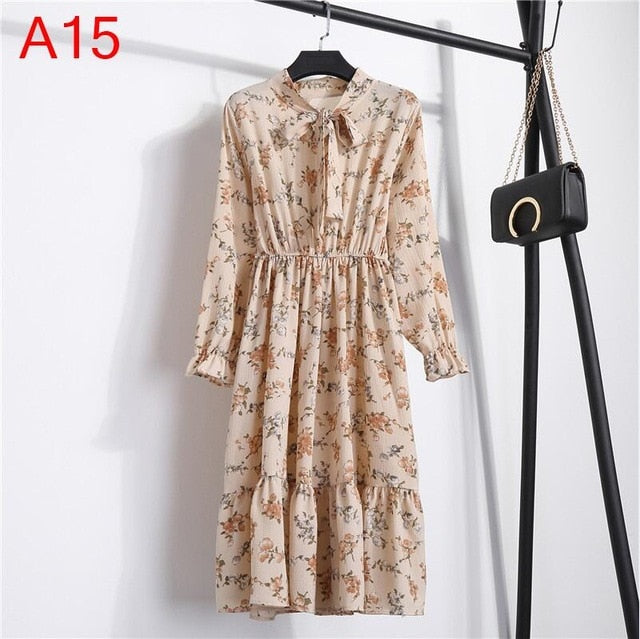 2019 Spring Women Dress For Ladies Long Sleeve Polka Dot Vintage Chiffon Shirt Dress Casual Black Red Floral Autumn Midi Dress