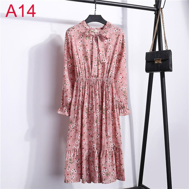 2019 Spring Women Dress For Ladies Long Sleeve Polka Dot Vintage Chiffon Shirt Dress Casual Black Red Floral Autumn Midi Dress
