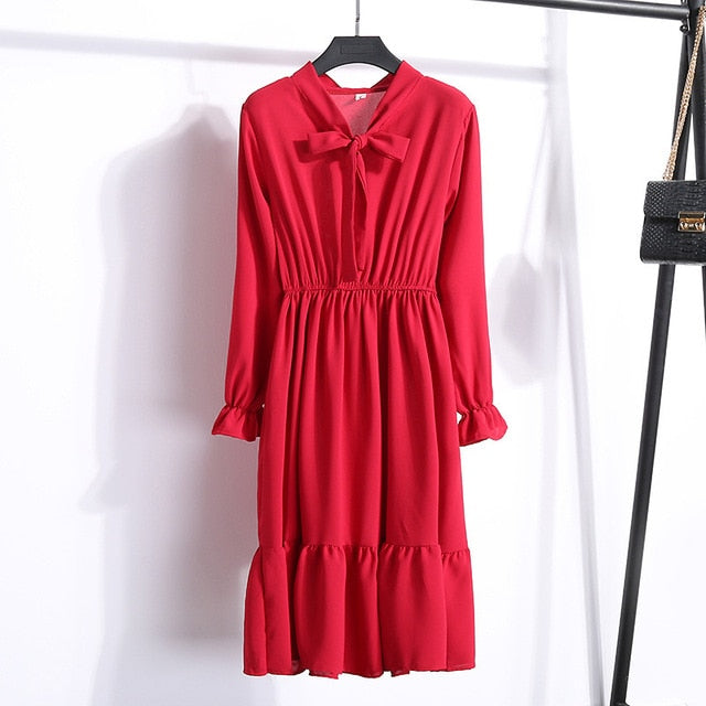 2019 Spring Women Dress For Ladies Long Sleeve Polka Dot Vintage Chiffon Shirt Dress Casual Black Red Floral Autumn Midi Dress