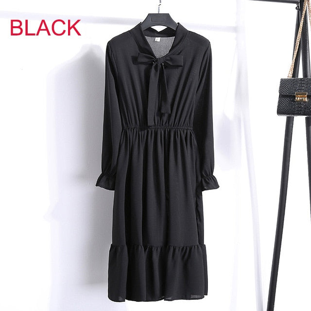 2019 Spring Women Dress For Ladies Long Sleeve Polka Dot Vintage Chiffon Shirt Dress Casual Black Red Floral Autumn Midi Dress