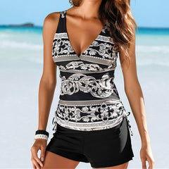 2019 Two Piece Swimwear Women Plus Size Tankini Swimsuits with Shorts V neck Tankinis Set Swim Wear Black Print Bathing Suit 2XL