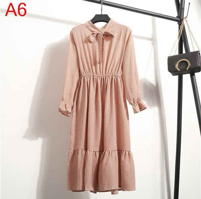 2019 Women Dress Spring Long Sleeve Office Polka Dot Vintage Dress Casual Red Floral Autumn Shirt Chiffon Midi Dress For Ladies