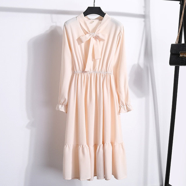 2019 Women Dress Spring Long Sleeve Office Polka Dot Vintage Dress Casual Red Floral Autumn Shirt Chiffon Midi Dress For Ladies