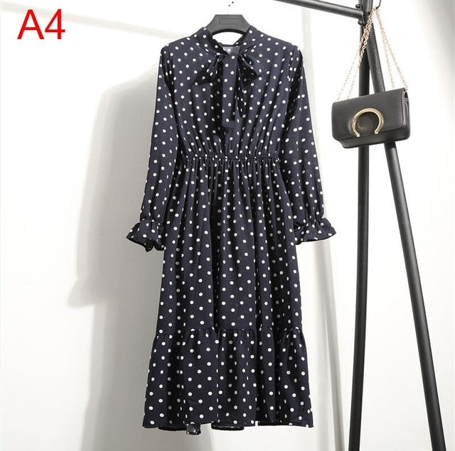 2019 Women Dress Spring Long Sleeve Office Polka Dot Vintage Dress Casual Red Floral Autumn Shirt Chiffon Midi Dress For Ladies
