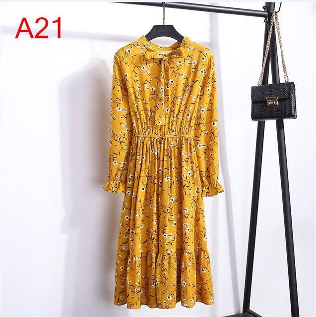 2019 Women Dress Spring Long Sleeve Office Polka Dot Vintage Dress Casual Red Floral Autumn Shirt Chiffon Midi Dress For Ladies