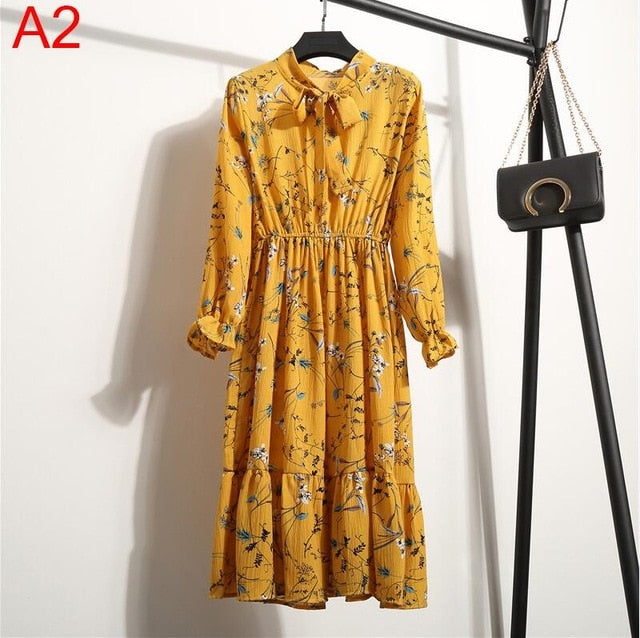 2019 Women Dress Spring Long Sleeve Office Polka Dot Vintage Dress Casual Red Floral Autumn Shirt Chiffon Midi Dress For Ladies