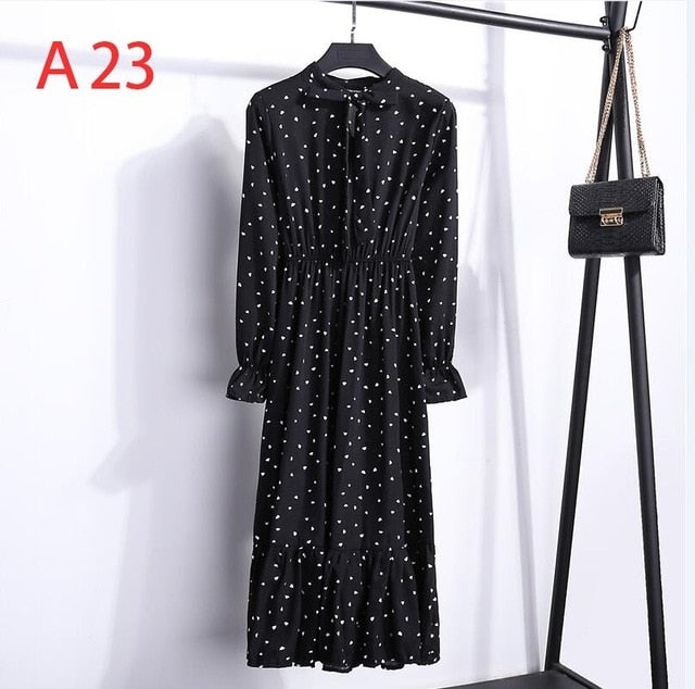 2019 Women Dress Spring Long Sleeve Office Polka Dot Vintage Dress Casual Red Floral Autumn Shirt Chiffon Midi Dress For Ladies