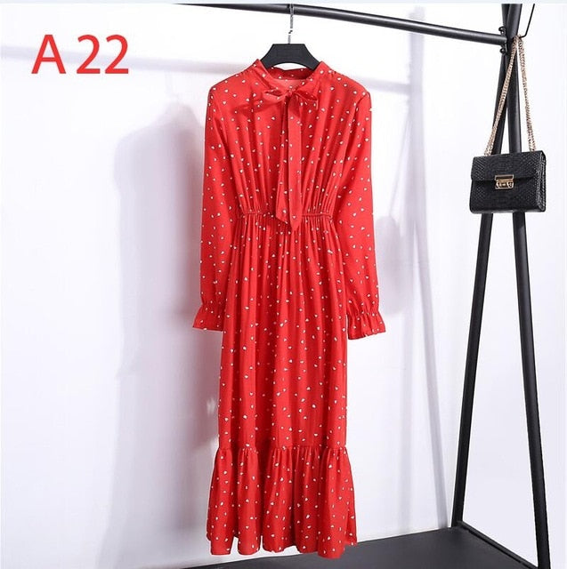 2019 Women Dress Spring Long Sleeve Office Polka Dot Vintage Dress Casual Red Floral Autumn Shirt Chiffon Midi Dress For Ladies
