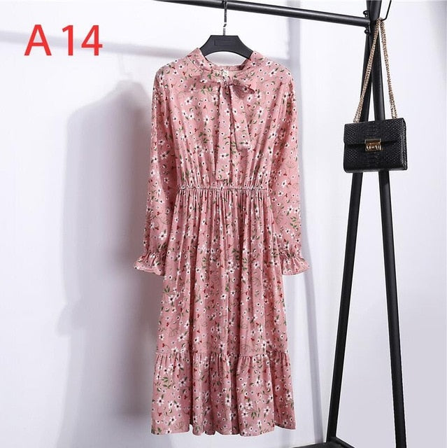 2019 Women Dress Spring Long Sleeve Office Polka Dot Vintage Dress Casual Red Floral Autumn Shirt Chiffon Midi Dress For Ladies