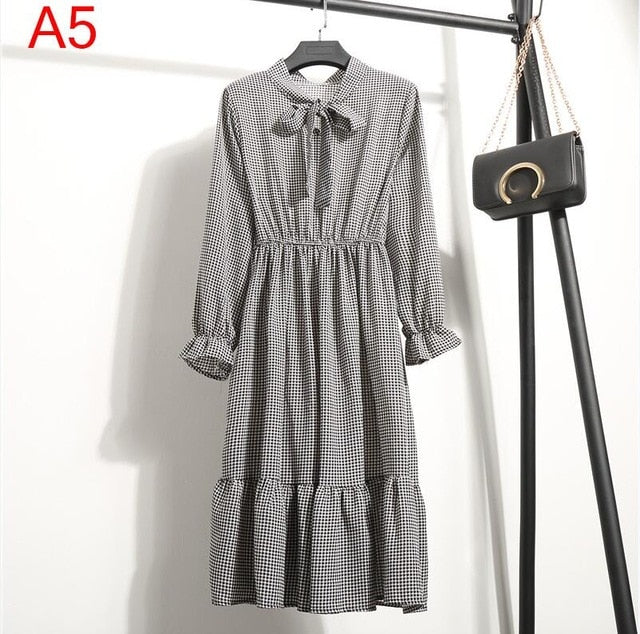 2019 Women Dress Spring Long Sleeve Office Polka Dot Vintage Dress Casual Red Floral Autumn Shirt Chiffon Midi Dress For Ladies