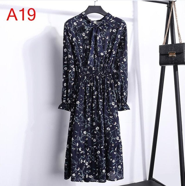 2019 Women Dress Spring Long Sleeve Office Polka Dot Vintage Dress Casual Red Floral Autumn Shirt Chiffon Midi Dress For Ladies