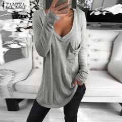 2019 ZANZEA Autumn V Neck Long Sleeve Blouse Women Casual Solid Basic Tee Femininas Blusas Sexy Ladies Shirts Chemise Femme Tops