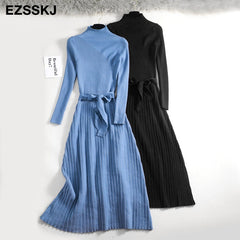 2019 autumn winter maxi sweater dress women long sleeve OL female long sweater dress with belt elegant a-line solid slim dress