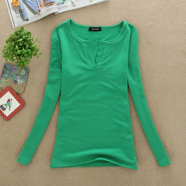 2019 solid 14 colors V-Neck  Blouses Sexy Slim Knitted Long Sleeve Chemise Femme Korean Tops for Women clothing Shirt Top Blouse